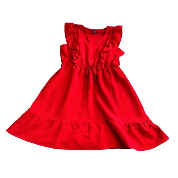 Shein Curve Red V-Neck Ruffled Dress Sz 1XL Sleeveless Elastic Waist Knee Length - Picture 8 of 8